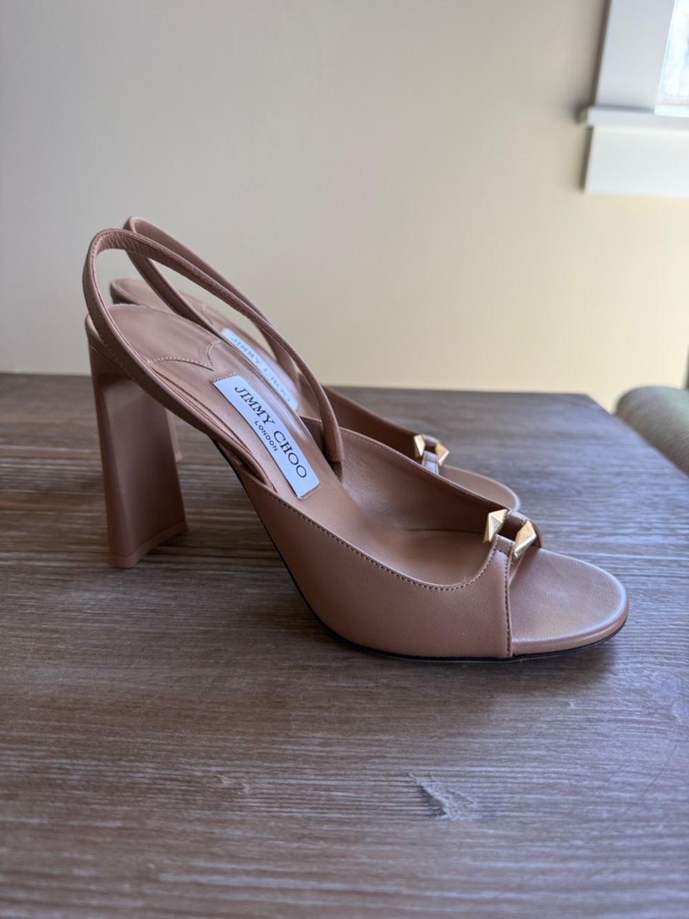 Jimmy Choo Beige Leather Slingback Heels with Gold Accent - Picture 2 of 4